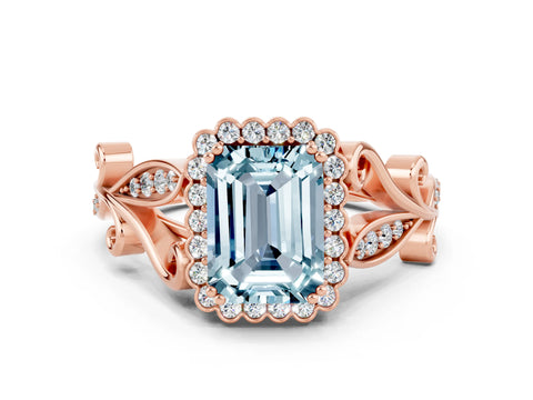 Rose gold Emerald Cut Aquamarine Halo Ring with Vintage Split Shank and Four-Prong Setting