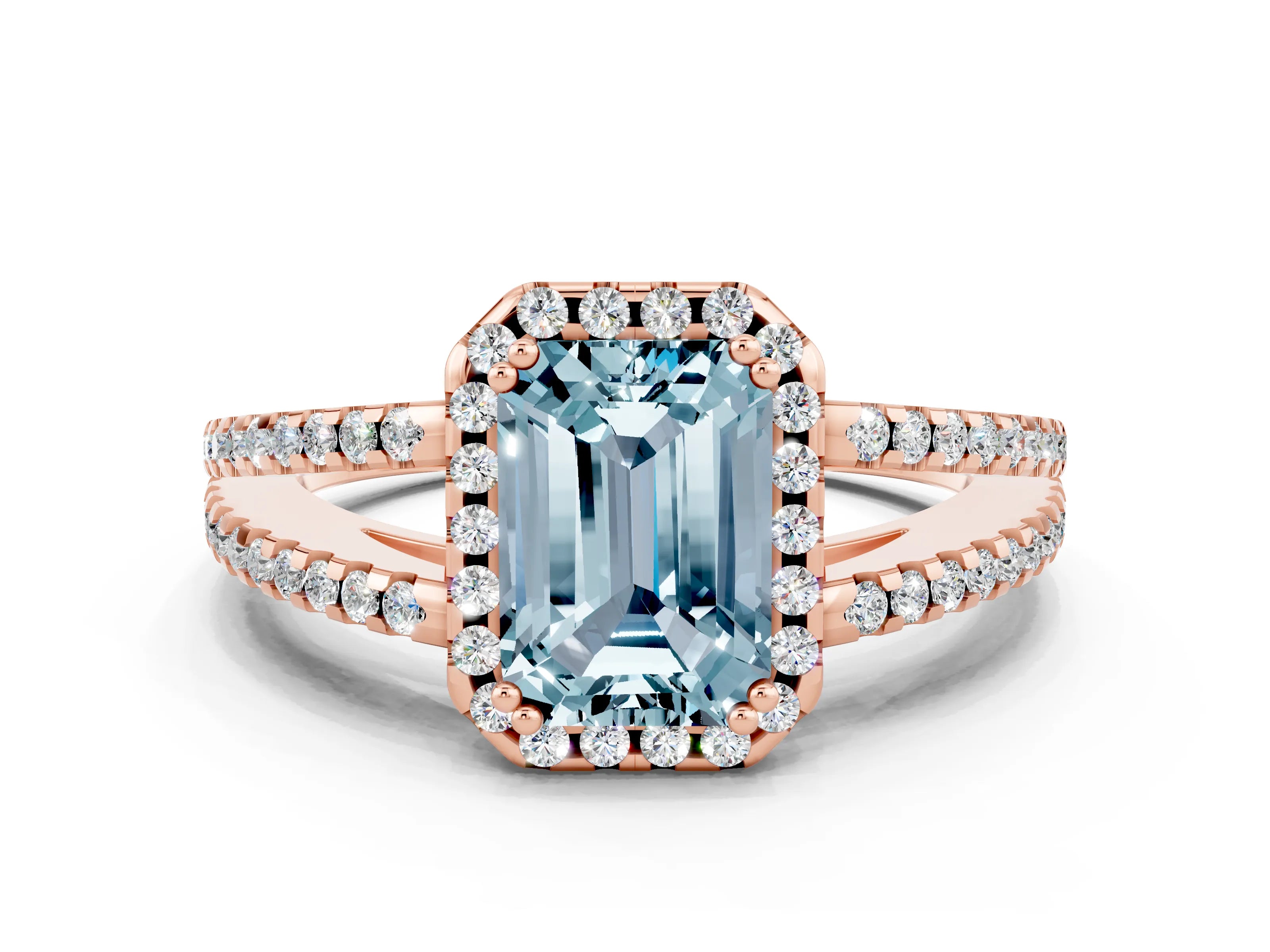 Rose gold Emerald Cut Aquamarine Halo Split Shank Engagement Ring_12