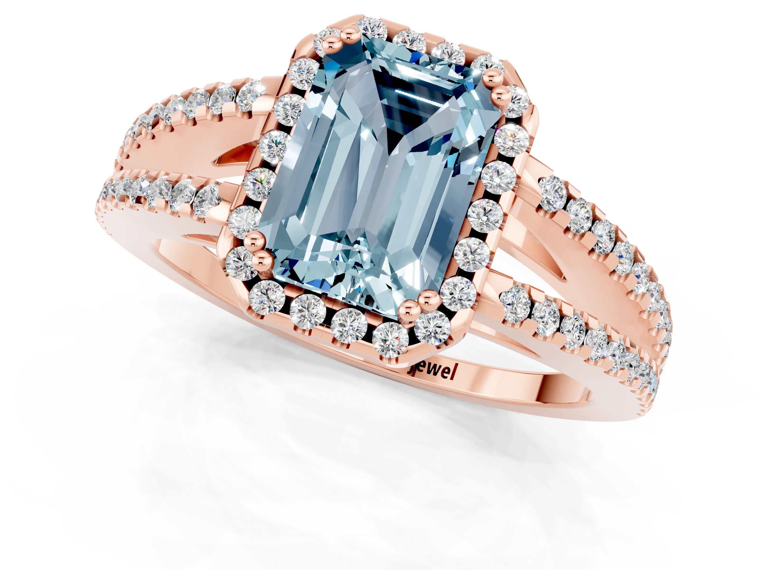 Rose gold Emerald Cut Aquamarine Halo Split Shank Engagement Ring_13