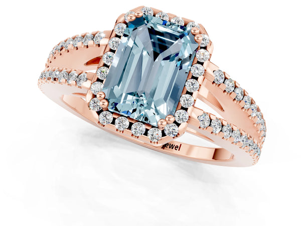 Rose gold Emerald Cut Aquamarine Halo Split Shank Engagement Ring