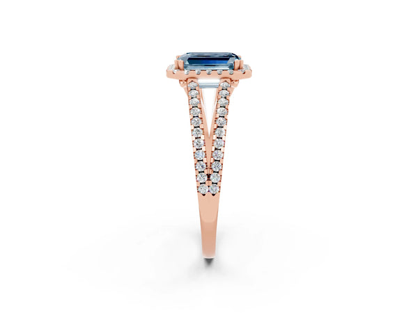 Rose gold Emerald Cut Aquamarine Halo Split Shank Engagement Ring