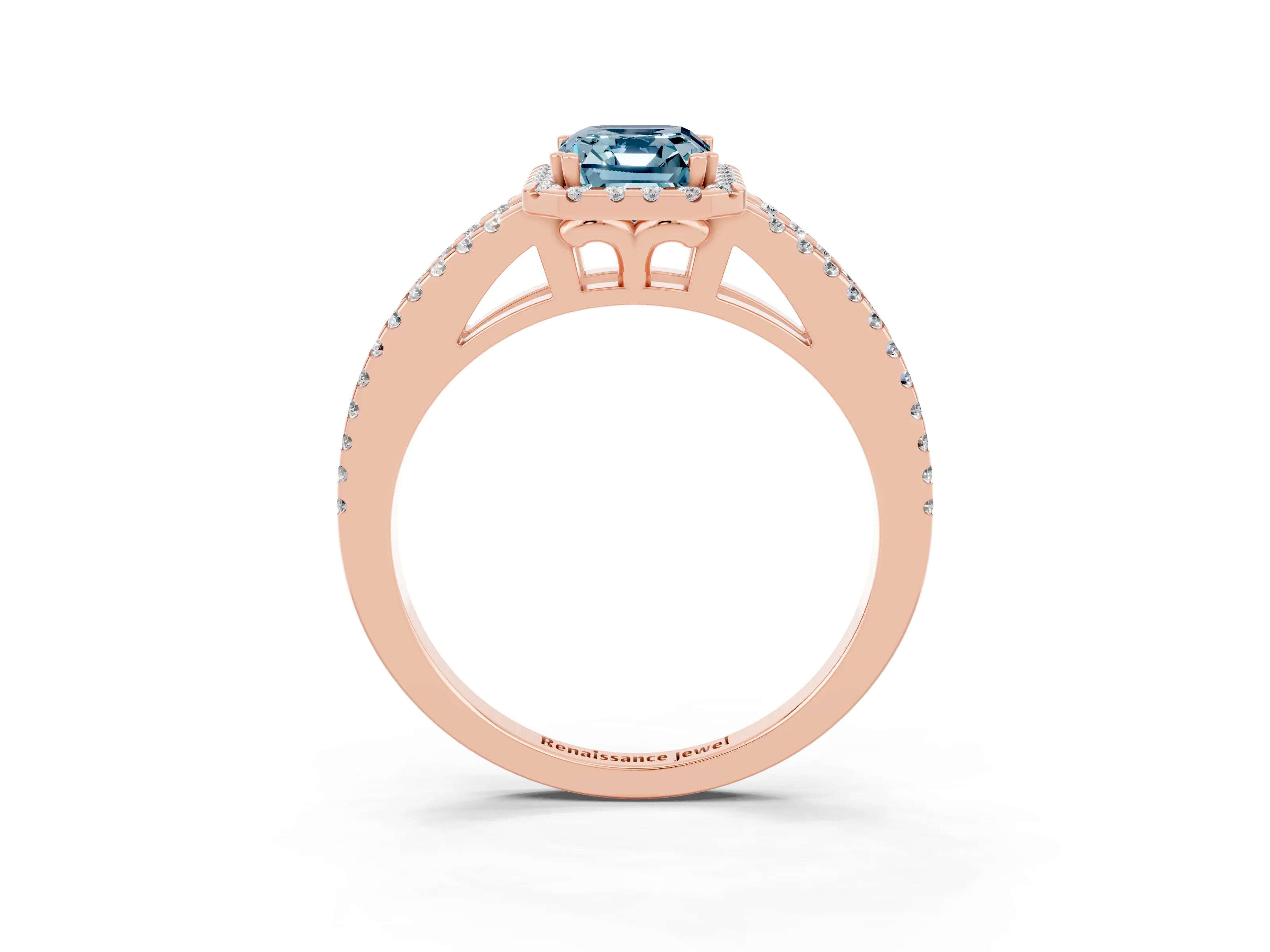 Rose gold Emerald Cut Aquamarine Halo Split Shank Engagement Ring_15