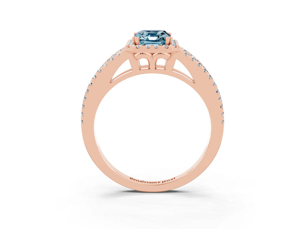 Rose gold Emerald Cut Aquamarine Halo Split Shank Engagement Ring