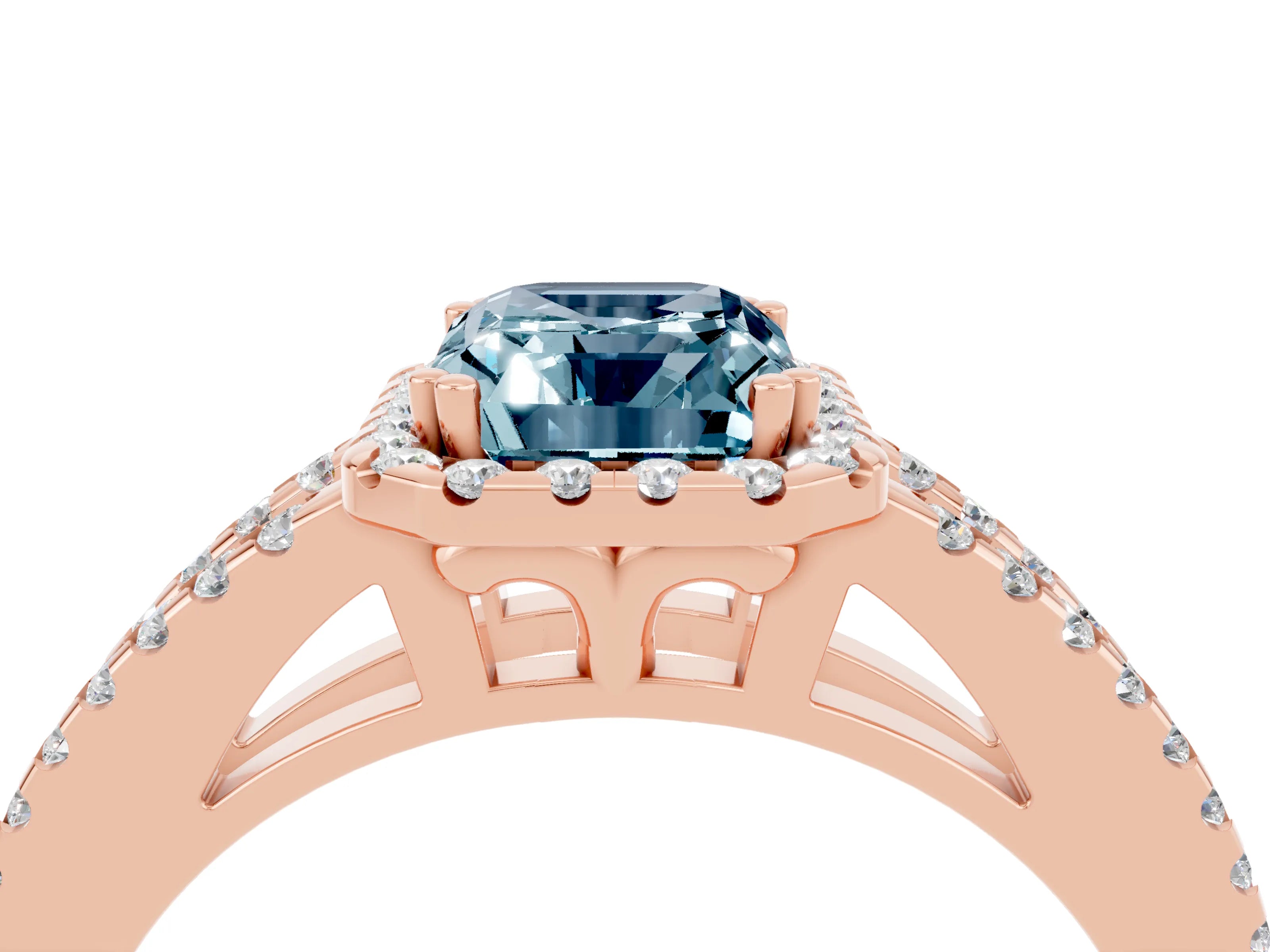 Rose gold Emerald Cut Aquamarine Halo Split Shank Engagement Ring_16