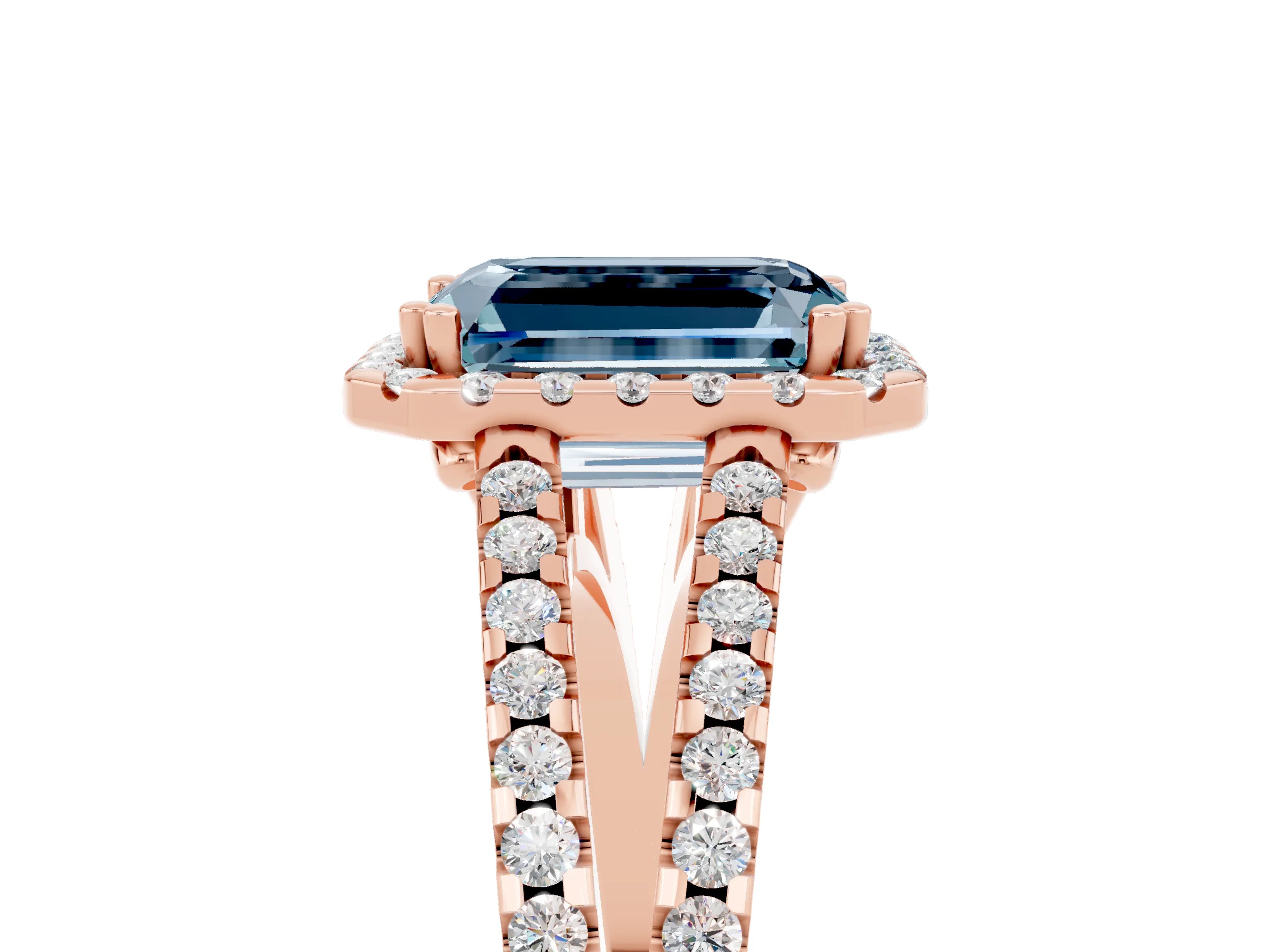 Rose gold Emerald Cut Aquamarine Halo Split Shank Engagement Ring_17