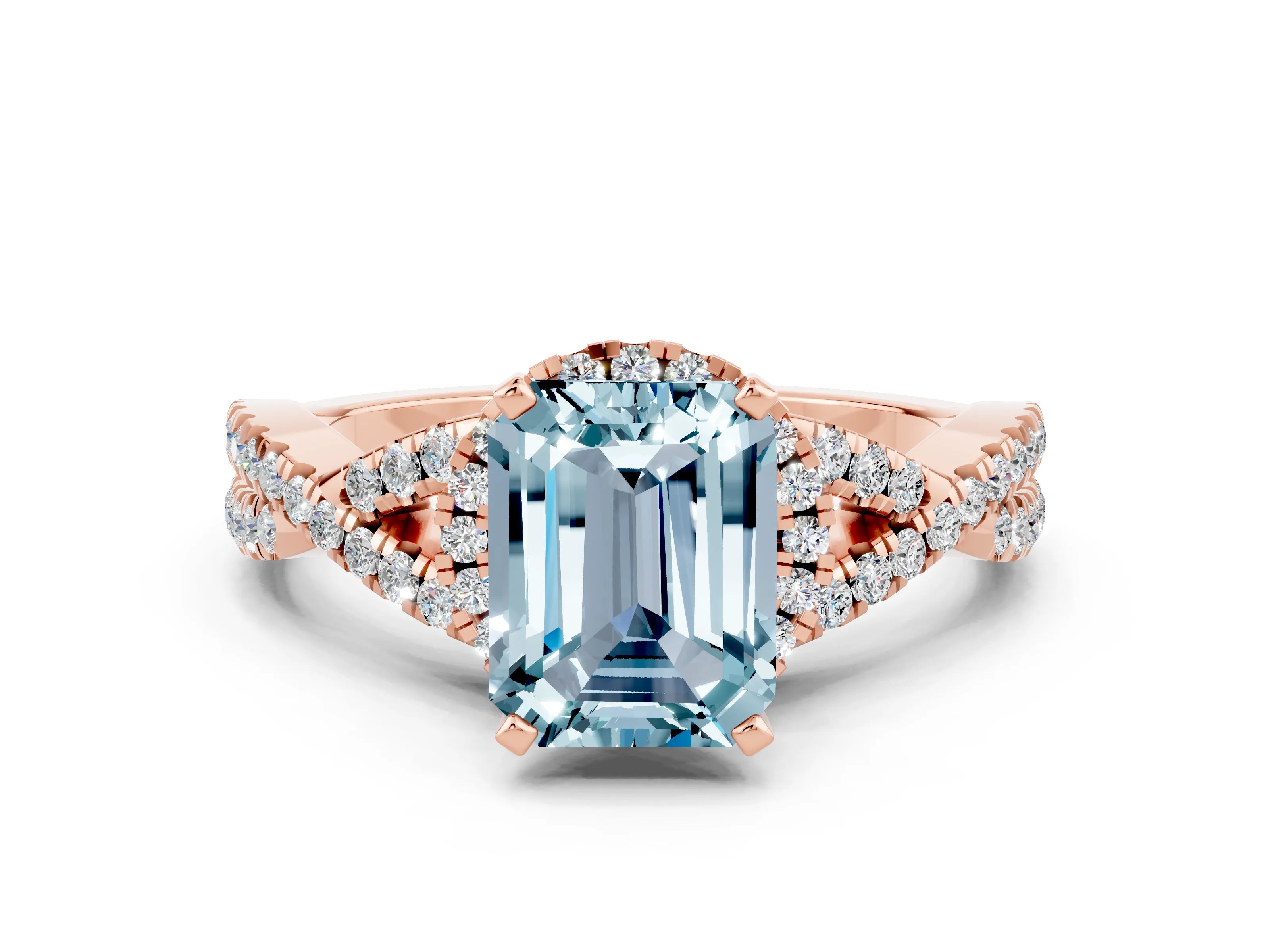 Rose gold Emerald Cut Aquamarine Halo Twist Band Solitaire Prong Setting Ring