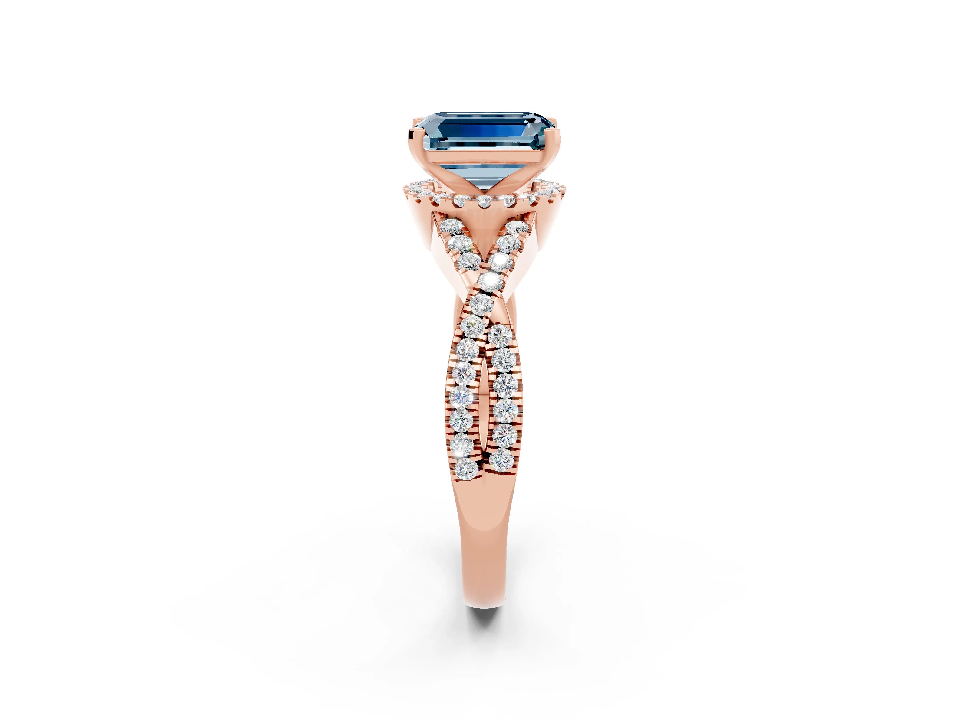 Rose gold Emerald Cut Aquamarine Halo Twist Band Solitaire Prong Setting Ring_2