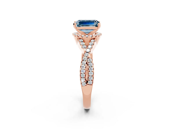 Rose gold Emerald Cut Aquamarine  Halo Twist Band Solitaire Prong Setting Ring