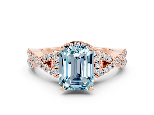 Rose gold Emerald Cut Aquamarine  Halo Twist Band Solitaire Prong Setting Ring
