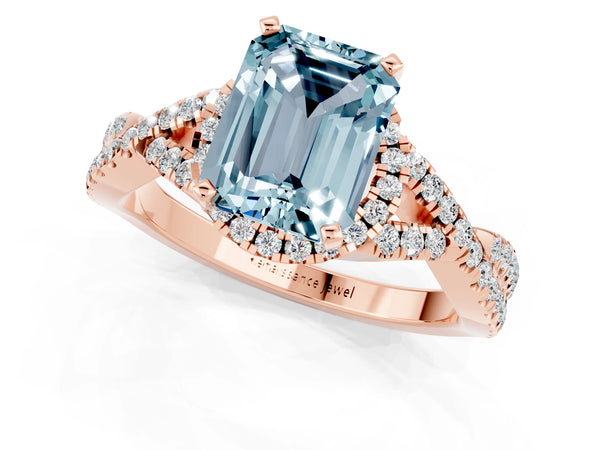 Rose gold Emerald Cut Aquamarine  Halo Twist Band Solitaire Prong Setting Ring