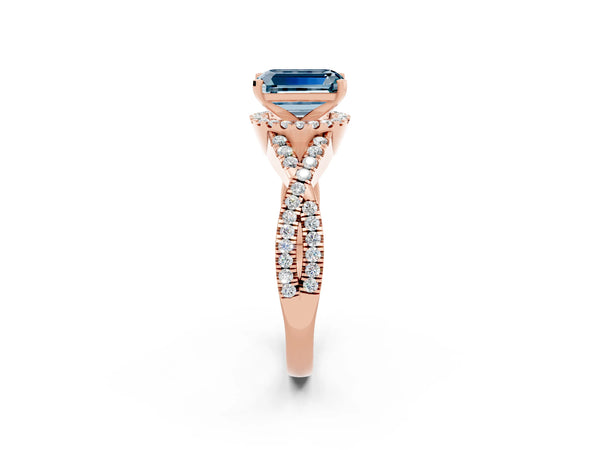 Rose gold Emerald Cut Aquamarine  Halo Twist Band Solitaire Prong Setting Ring