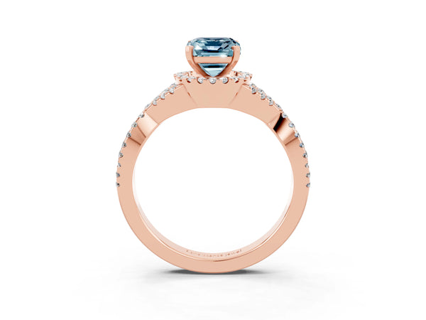Rose gold Emerald Cut Aquamarine  Halo Twist Band Solitaire Prong Setting Ring