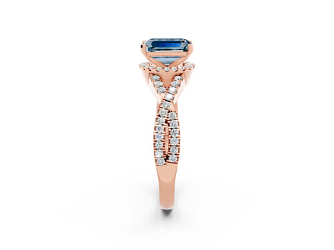 Rose gold Emerald Cut Aquamarine Halo Twist Band Solitaire Prong Setting Ring_2