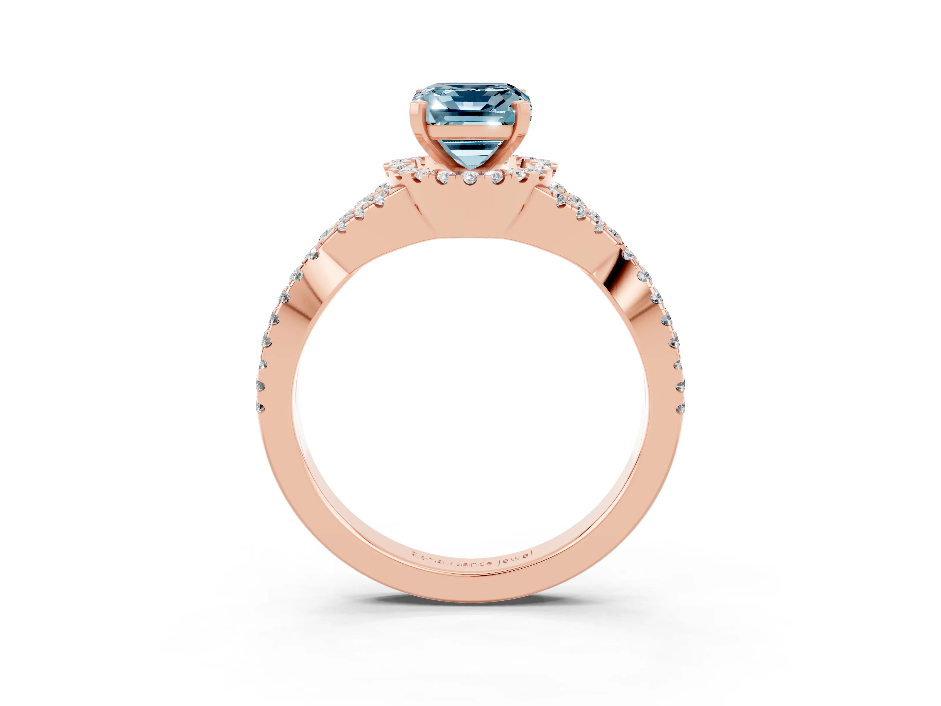 Rose gold Emerald Cut Aquamarine Halo Twist Band Solitaire Prong Setting Ring_3