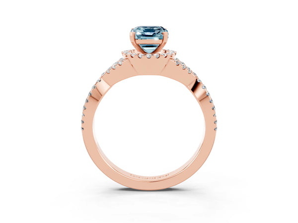 Rose gold Emerald Cut Aquamarine  Halo Twist Band Solitaire Prong Setting Ring