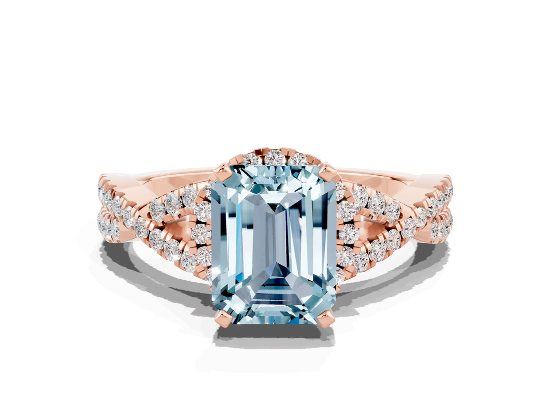 Rose gold Emerald Cut Aquamarine  Halo Twist Band Solitaire Prong Setting Ring_36