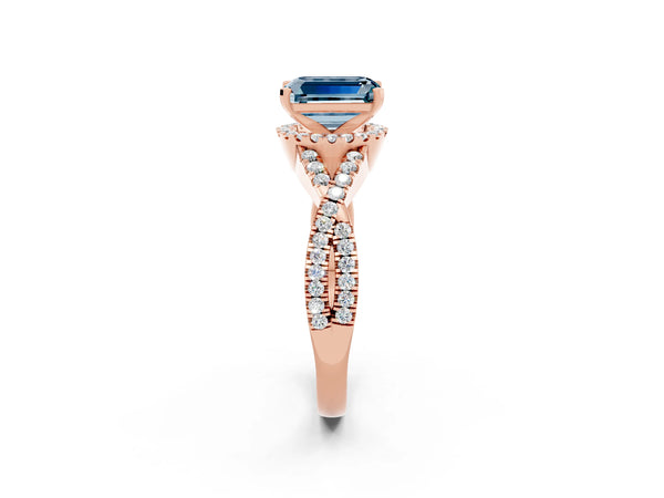 Rose gold Emerald Cut Aquamarine  Halo Twist Band Solitaire Prong Setting Ring