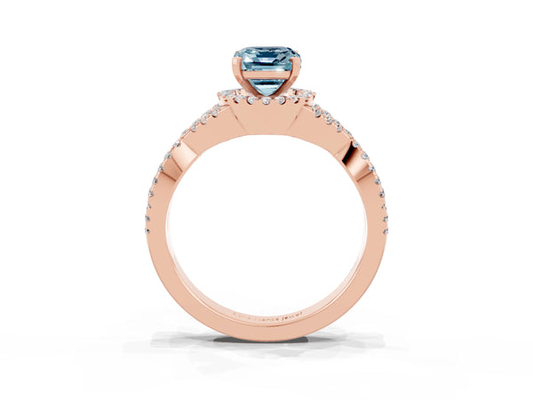 Rose gold Emerald Cut Aquamarine  Halo Twist Band Solitaire Prong Setting Ring