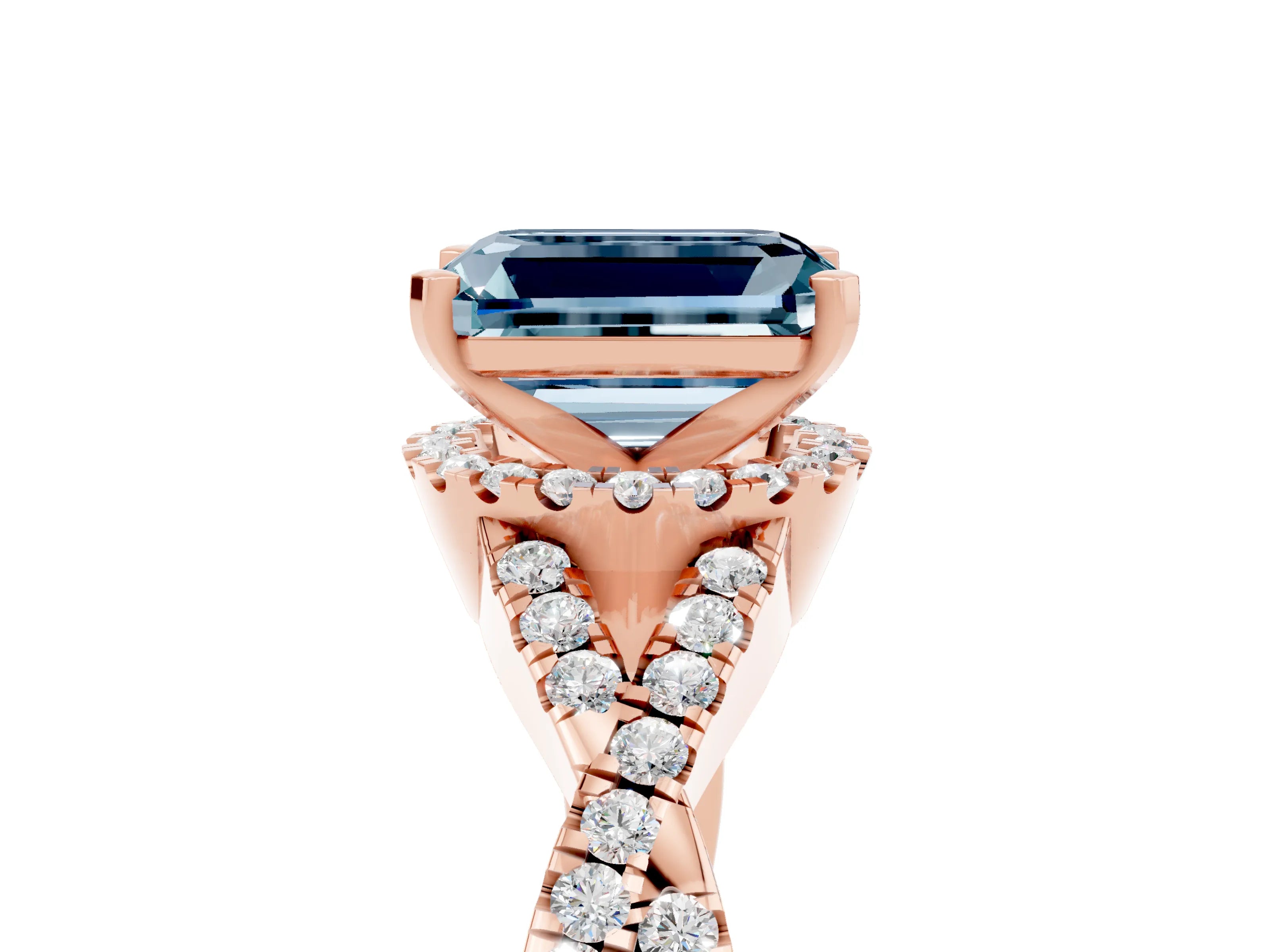 Rose gold Emerald Cut Aquamarine Halo Twist Band Solitaire Prong Setting Ring_5
