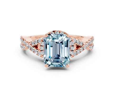 Rose gold Emerald Cut Aquamarine Halo Twist Band Solitaire Prong Setting Ring