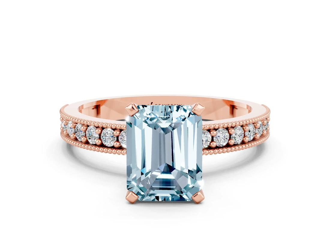 Rose gold Emerald Cut Aquamarine Milgrain Pavé Engagement Ring with Four-Prong Setting_12