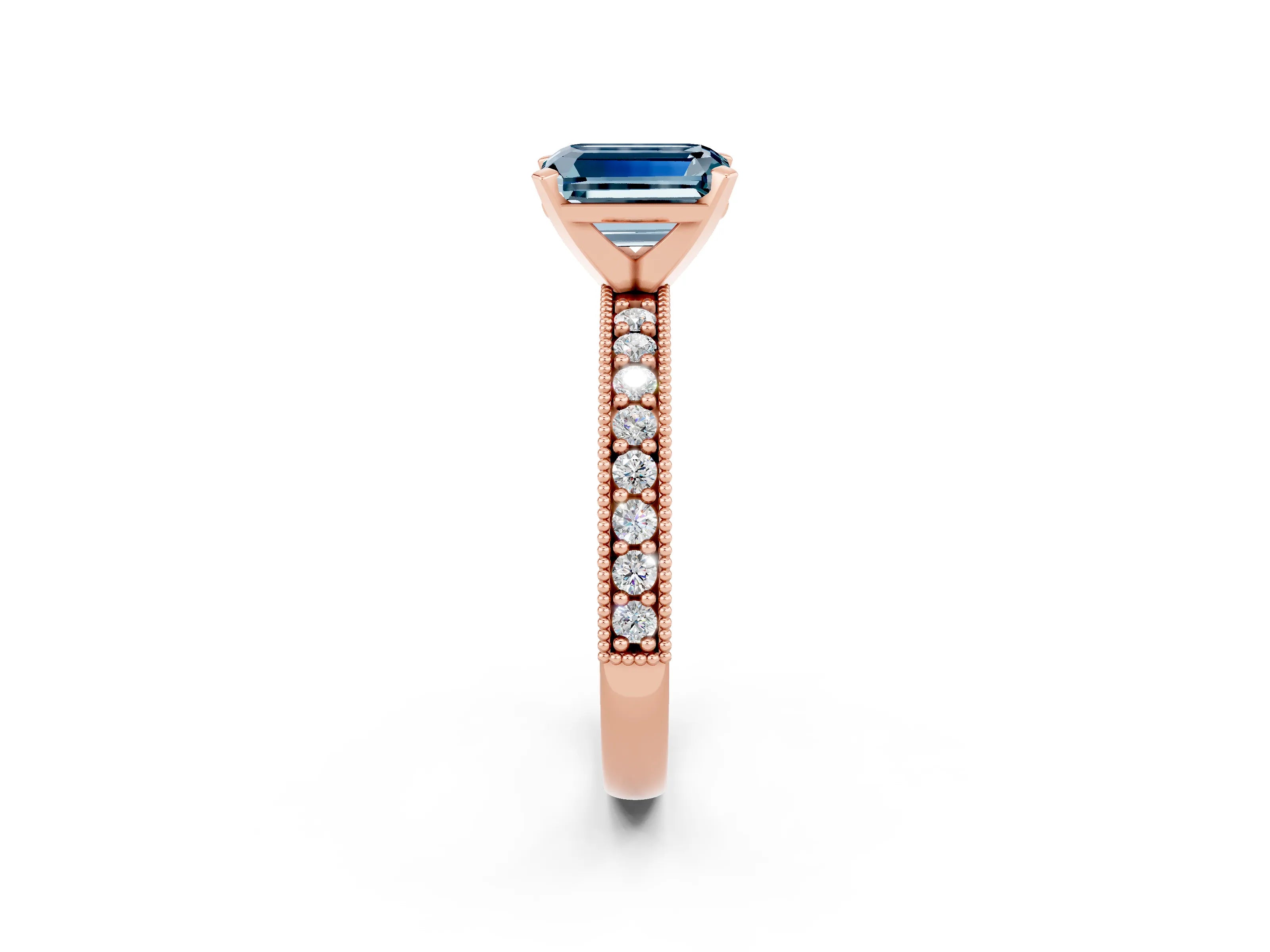 Rose gold Emerald Cut Aquamarine Milgrain Pavé Engagement Ring with Four-Prong Setting_14