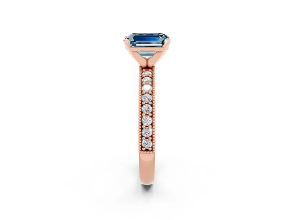 Rose gold Emerald Cut Aquamarine Milgrain Pavé Engagement Ring with Four-Prong Setting