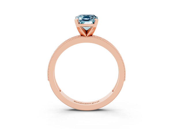 Rose gold Emerald Cut Aquamarine Milgrain Pavé Engagement Ring with Four-Prong Setting