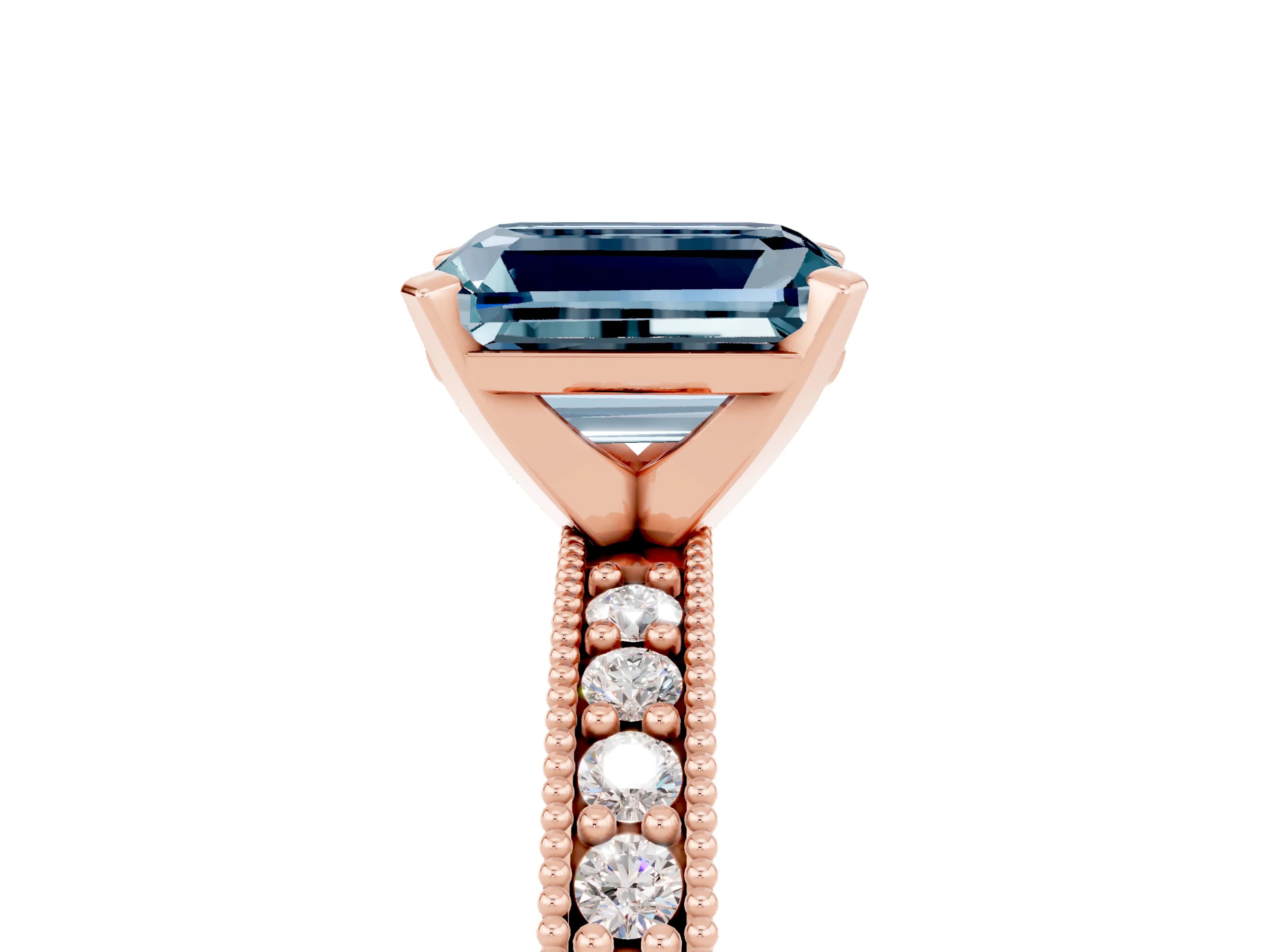 Rose gold Emerald Cut Aquamarine Milgrain Pavé Engagement Ring with Four-Prong Setting_17