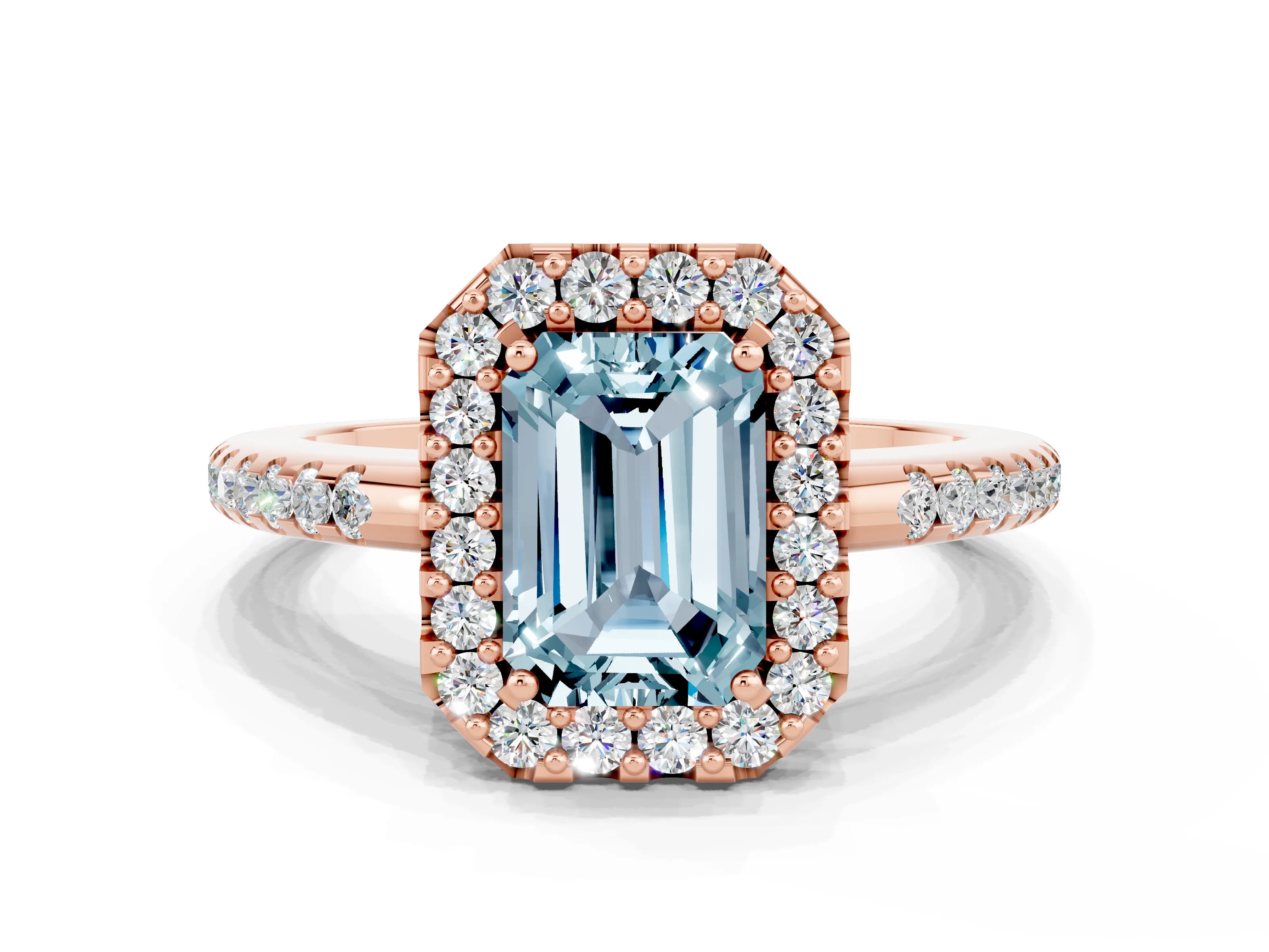 Rose gold Emerald Cut Aquamarine Pavé Halo Ring with Four-Prong Setting_12