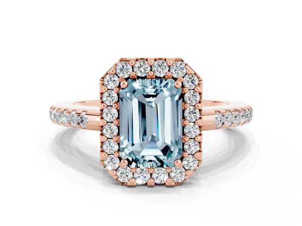 Rose gold Emerald Cut Aquamarine Pavé Halo Ring with Four-Prong Setting