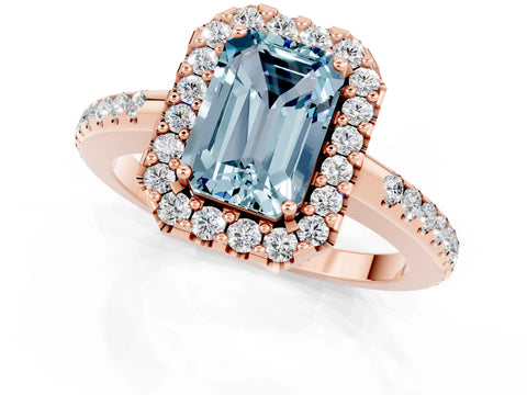 Rose gold Emerald Cut Aquamarine Pavé Halo Ring with Four-Prong Setting_13