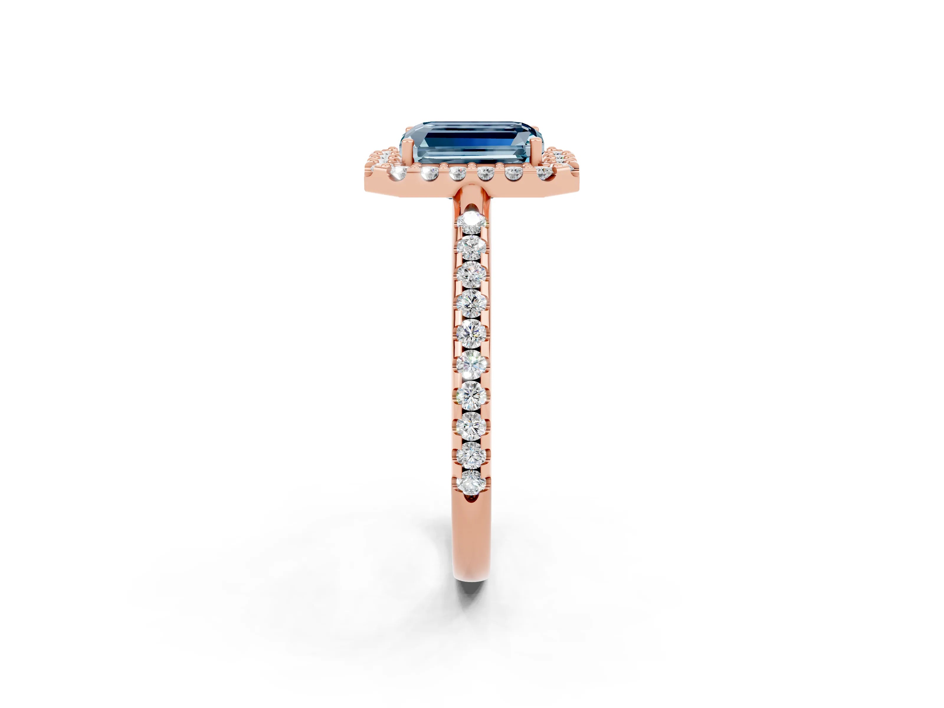 Rose gold Emerald Cut Aquamarine Pavé Halo Ring with Four-Prong Setting_14