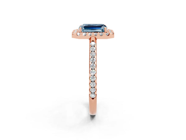 Rose gold Emerald Cut Aquamarine Pavé Halo Ring with Four-Prong Setting