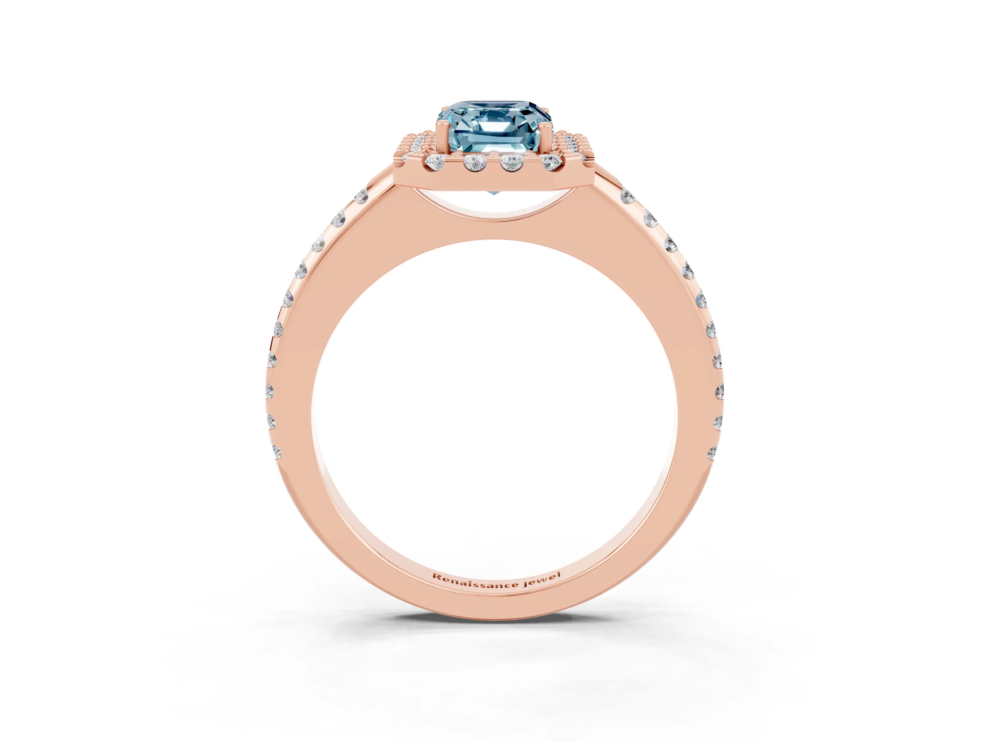 Rose gold Emerald Cut Aquamarine Pavé Halo Ring with Four-Prong Setting_15