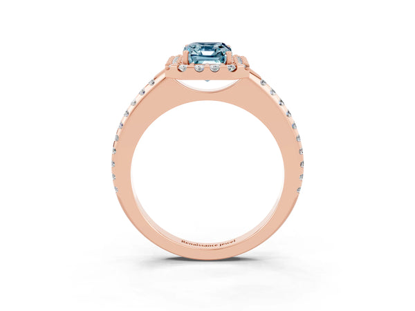 Rose gold Emerald Cut Aquamarine Pavé Halo Ring with Four-Prong Setting