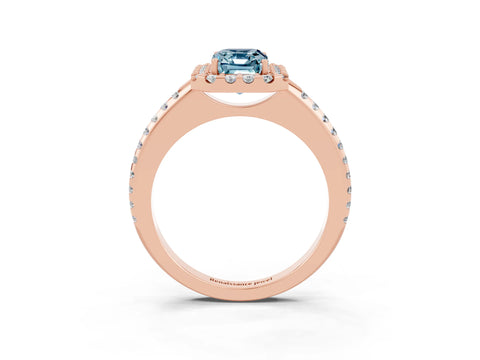 Rose gold Emerald Cut Aquamarine Pavé Halo Ring with Four-Prong Setting_15