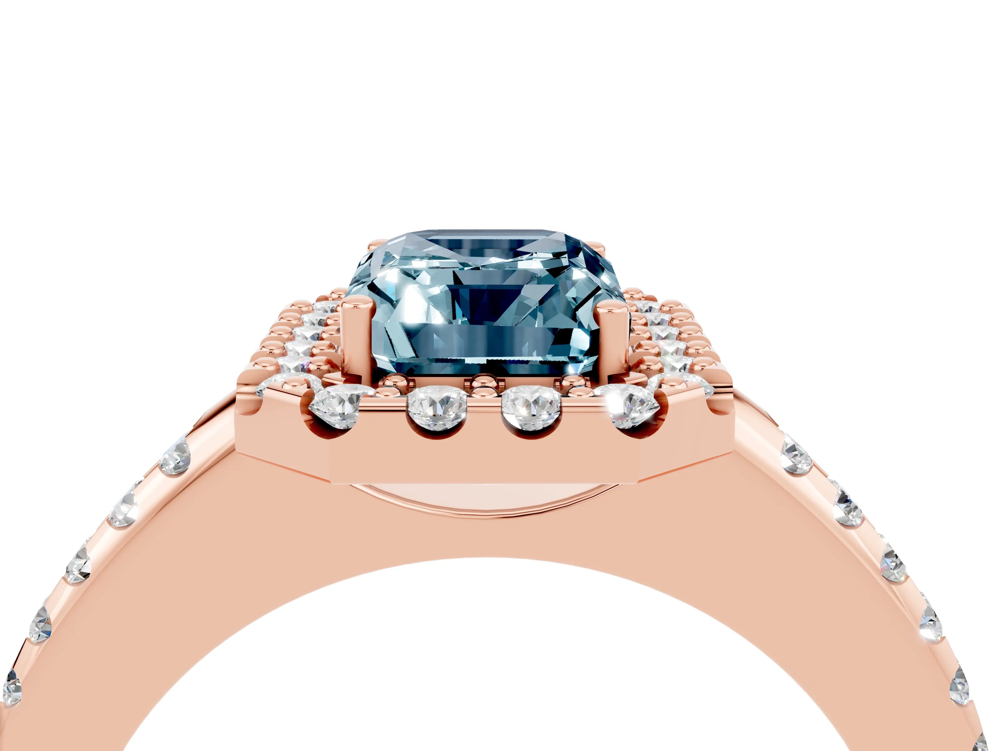 Rose gold Emerald Cut Aquamarine Pavé Halo Ring with Four-Prong Setting_16
