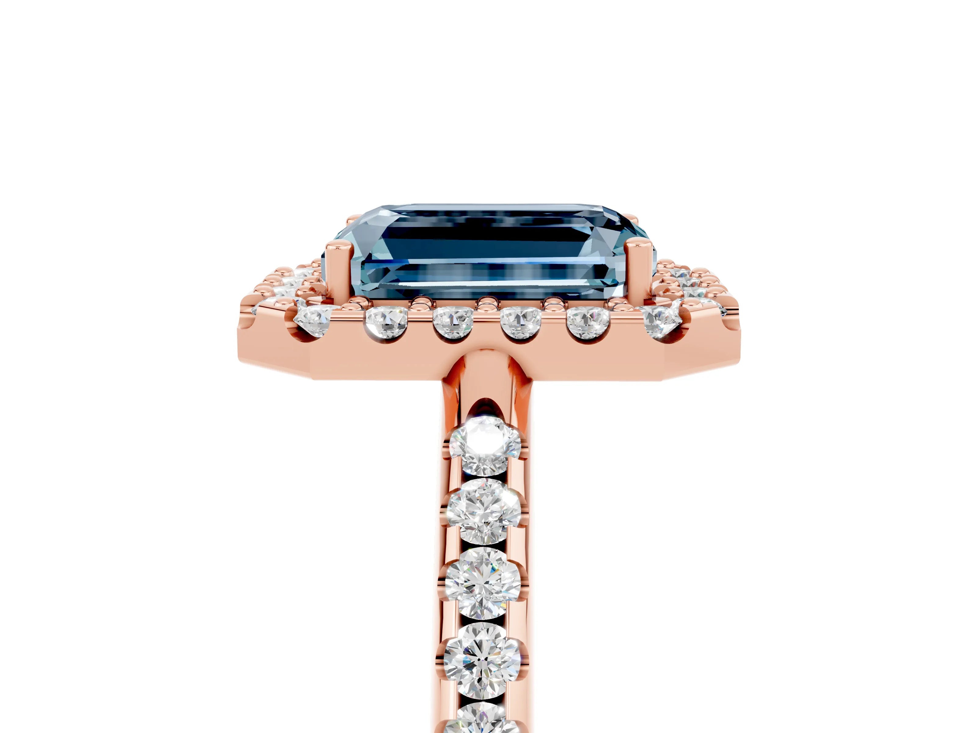 Rose gold Emerald Cut Aquamarine Pavé Halo Ring with Four-Prong Setting_17