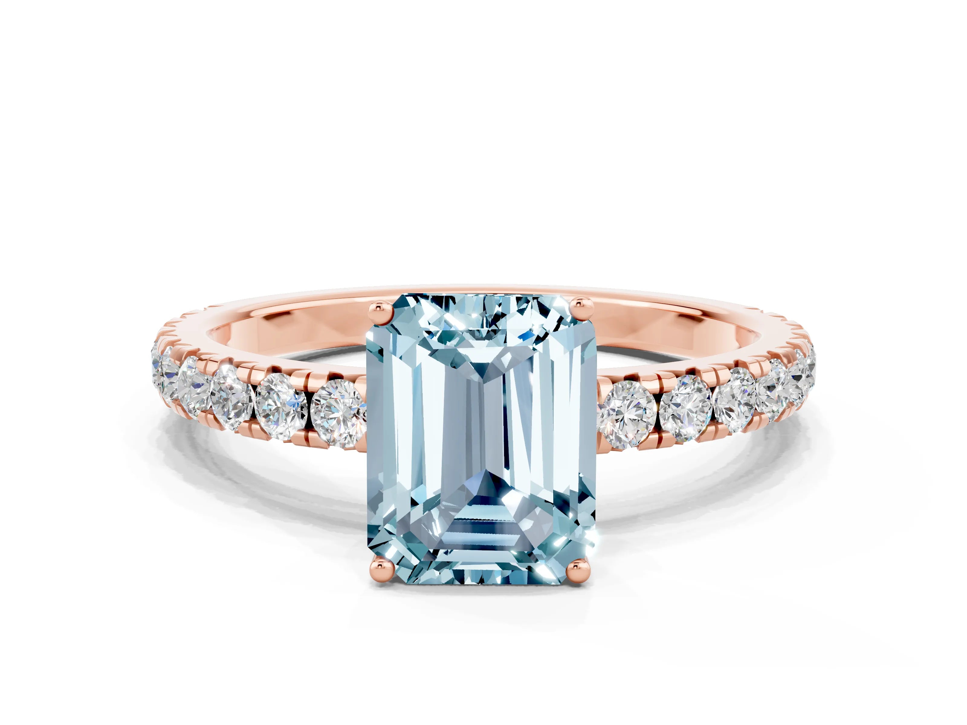 Rose gold Emerald Cut Aquamarine Pavé Solitaire Engagement Ring with Four-Prong Setting_12