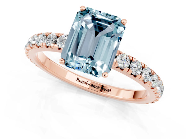 Rose gold Emerald Cut Aquamarine Pavé Solitaire Engagement Ring with Four-Prong Setting