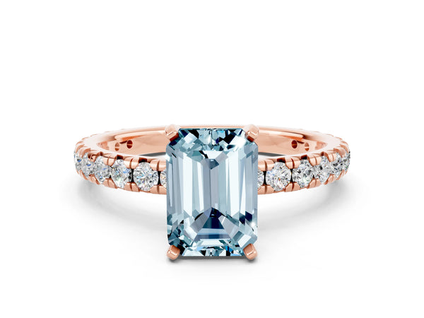 Rose gold Emerald Cut Aquamarine Pavé Solitaire Ring with Round Band and Prong Setting