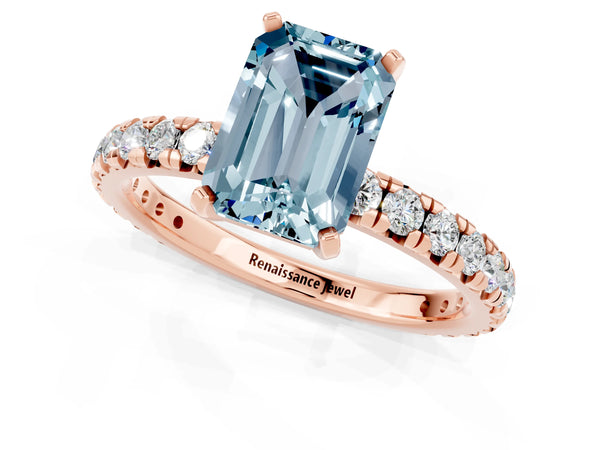 Rose gold Emerald Cut Aquamarine Pavé Solitaire Ring with Round Band and Prong Setting