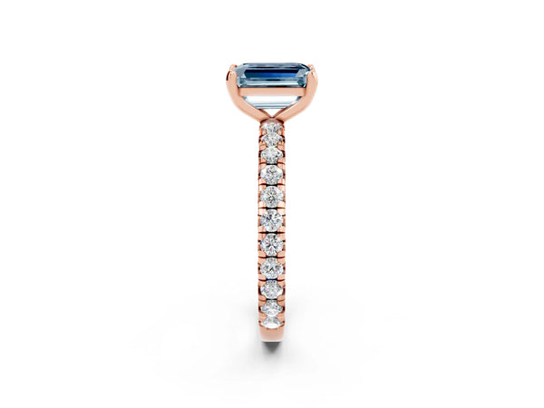 Rose gold Emerald Cut Aquamarine Pavé Solitaire Ring with Round Band and Prong Setting