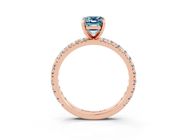 Rose gold Emerald Cut Aquamarine Pavé Solitaire Ring with Round Band and Prong Setting