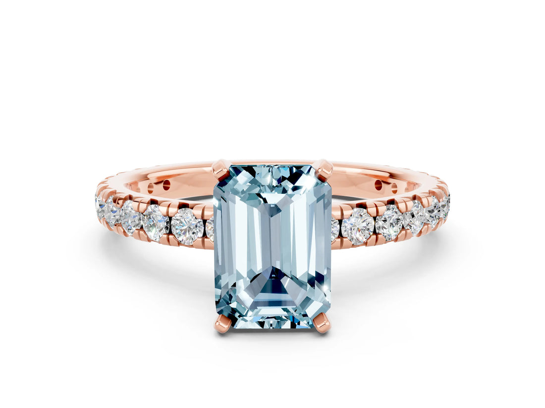 Rose gold Emerald Cut Aquamarine Pavé Solitaire Ring with Round Band and Prong Setting_24