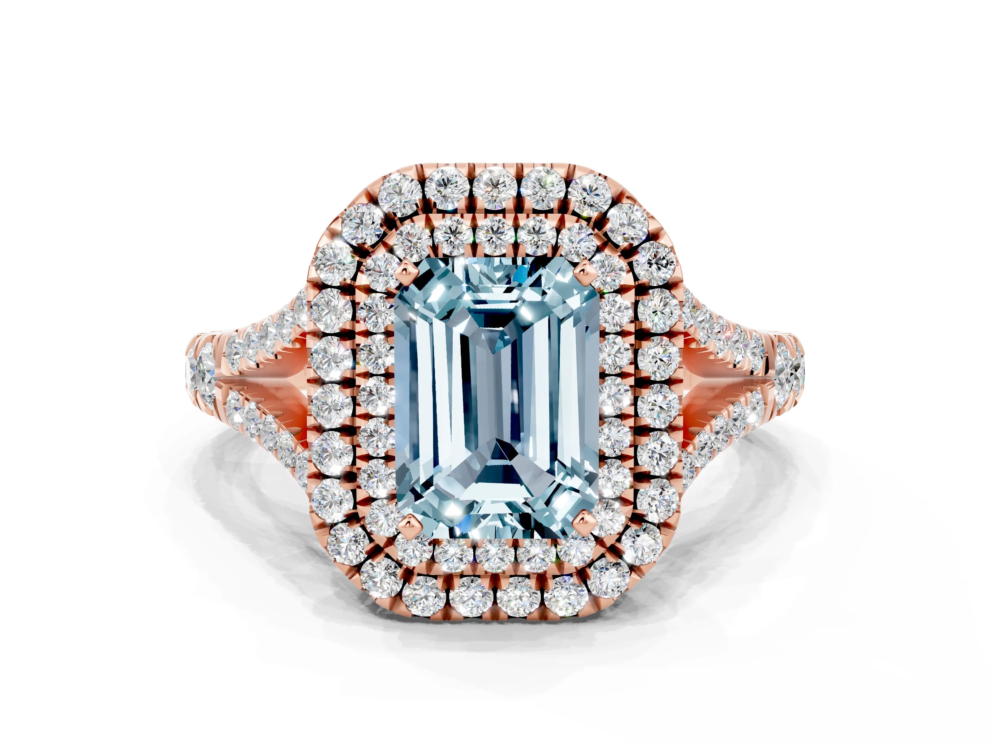 Rose gold Emerald Cut Aquamarine Pavé Split Shank Double Halo Engagement Ring