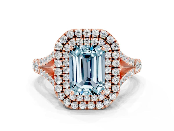 Rose gold Emerald Cut Aquamarine Pavé Split Shank Double Halo Engagement Ring