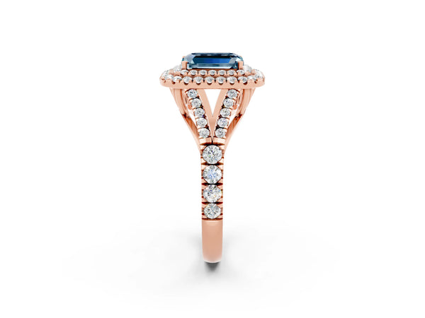 Rose gold Emerald Cut Aquamarine Pavé Split Shank Double Halo Engagement Ring