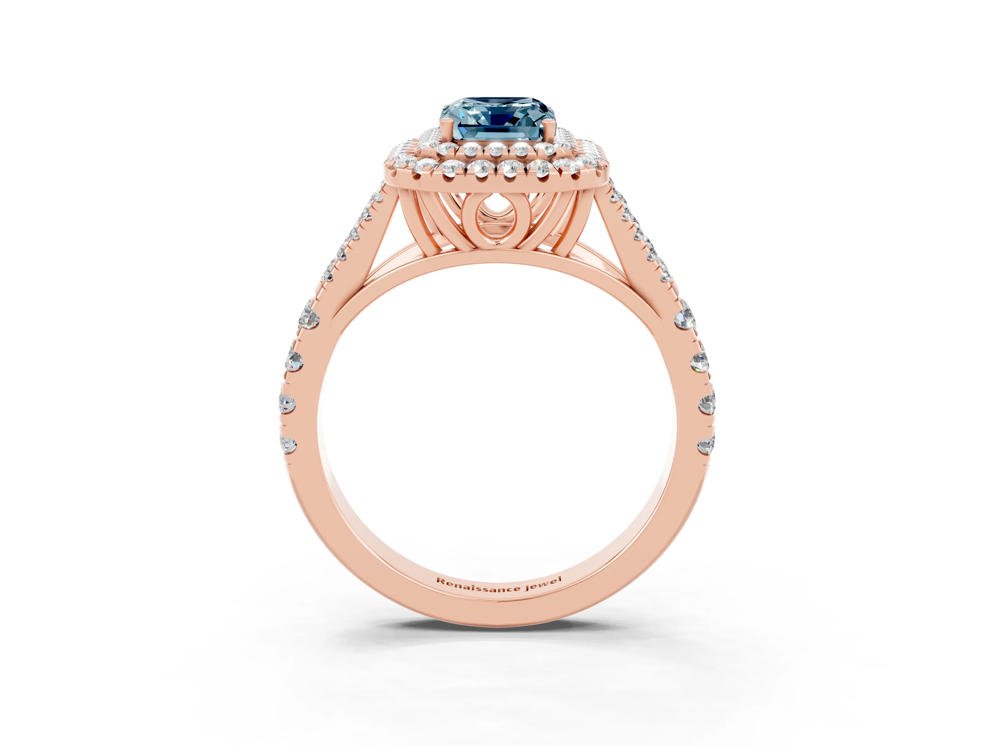 Rose gold Emerald Cut Aquamarine Pavé Split Shank Double Halo Engagement Ring_3